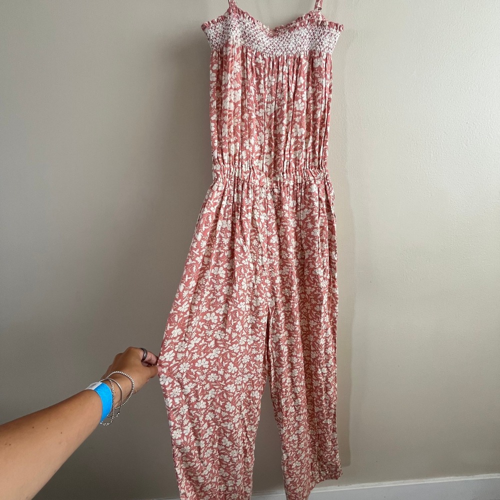 Faherty Renata Jumpsuit Dusty Rose Floral Organic Cotton Smocked Wide Leg M